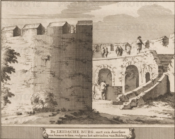 View of the Leiden castle from the inside, The Leiden Castle, with a cross-section visible from the inside, according to the invention of bishop, Castles, country estates and houses in the Netherlands, print, book illustration, printmaker: Jacobus Schijnvoet, Amsterdam, after drawing by Roelant Roghman (possibly), publisher: Pieter de Coup (possibly), 1711, paper, etching, height 194 mm x width 215 mm, Print first used in: Smids, Ludolph. Schatkamer der Nederlandse oudheden, of Woordenboek, between p. 198 and 199. Possibly appeared thereafter in reissues of this work in 1737 and 1774. In 1721, an edition appeared containing only the prints: Nederlandsche oudheden, bestaan in zeskelijk verbeeldingen, gelegen in Holland, 't Sticht van Utrecht en Gelderland enz. Amsterdam: Hendrik Bosch, 1721., fortress, Leiden, Burcht van Leiden, A sepia-toned engraving shows a stone fortified wall with battlements and a walkway along its top where several cloaked figures and a hat-wearing person are sta...