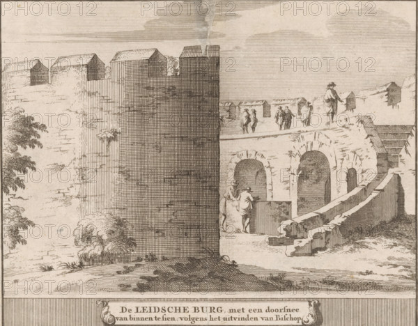 The Leiden Castle, with a cross-section visible from the inside, according to the invention of the bishop, View of the castle of Leiden from the inside, Castles, country estates and houses in the Netherlands, print, book illustration, printmaker: Jacobus Schijnvoet, Amsterdam, after drawing by Roelant Roghman (possibly), publisher: Pieter de Coup (possibly), 1711, paper, etching, height 131 mm x width 166 mm, Print first used in: Smids, Ludolph. Schatkamer der Nederlandse oudheden, of Woordenboek, between p. 198 and 199. Possibly appeared thereafter in reissues of this work in 1737 and 1774. In 1721, an edition appeared containing only the prints: Nederlandsche oudheden, bestaan in zeskelijk verbeeldingen, gelegen in Holland, 't Sticht van Utrecht en Gelderland enz. Amsterdam: Hendrik Bosch, 1721., fortress, Leiden, Burcht van Leiden, An engraved scene showing a large stone fortress wall with battlements and roofed structures along its top, adjacent to a curved bridge with arched openi...
