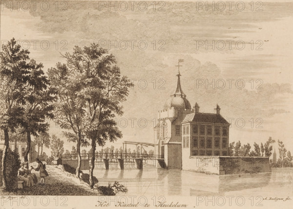 View of Merckenburg Castle, The Castle at Heukelum, Village Views across the Linge, print, Series number, 6, 12, Numbered top right: 6., printmaker: Antoine Radigues, after drawing by Jan de Beijer, publisher: Pierre Fouquet (possibly), Amsterdam, 1750 - 1764, paper, etching, height 149 mm x width 211 mm, This print first appeared in a series of twelve prints published by Pierre Fouquet junior in the second half of the eighteenth century. This series consisted of prints of: Spijk, Nieuwland, Heukelum (3x), Ensapijk, Leerdam, Deil, Gellicum, Asperen, Acquoy and Craijenstein (near Tricht). Later, these prints were used in: Gezigten van voornaame Hollandsche dorpen. Amsterdam: Evert Maaskamp, ca. 1775-1800., landscape with tower or castle (city(-scape) with figures, staffage), A detailed sepia-toned etching showing a riverside scene with a bridge and a building with a dome and spire rising above a multi-windowed structure, small towers on the roof, and a flag on top of the spire. Trees wi...