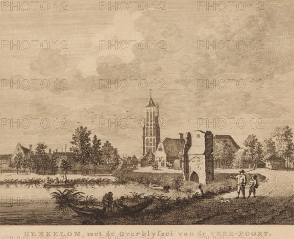 View of Heukelum with the ruin of the ferry gate, Heukelum, with the remains of the ferry gate, print, Series number, 2, Numbered top right: 2., c. 1770 - c. 1800, printmaker, paper, etching, height 165 mm x width 212 mm, river, ruin of a building, architecture, village (city(-scape) with figures, staffage), A sepia-toned etching shows a riverside scene with a tall multi-level tower rising above clustered buildings and trees, a ruined stone archway near the water’s edge, small boats on the river, and several figures including people seated in a boat, a person sitting on the riverbank, and two standing figures near a small dog; the sky is filled with banded clouds and small flying birds.