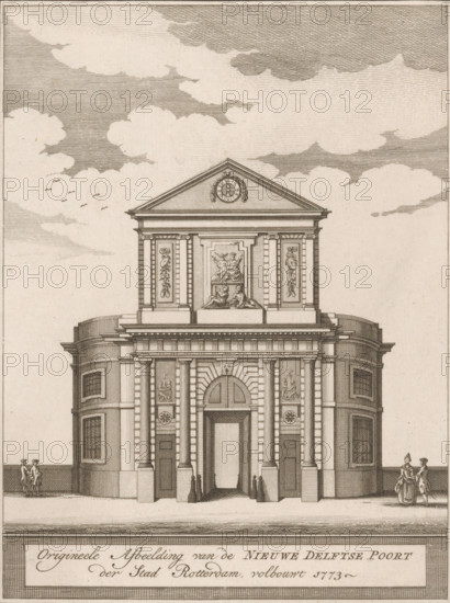 View of the Delft Gate in Rotterdam, Original image of the New Delft Gate of the city of Rotterdam, completed 1773, print, book illustration, publisher: Bernardus Mourik, 1774, printmaker, paper, etching, engraving, height 173 mm x width 132 mm, A detailed architectural engraving of a classical building façade with a triangular pediment topped by a circular clock and decorative garlands, a central sculpted panel with reclining figures above the entrance, tall fluted columns flanking the main arched doorway, ornamental panels and round decorative motifs on the walls, curved corner sections with rectangular windows, a broad cornice and entablature, a low balustrade or platform at the base, small human figures standing near the entrance and at the sides, a few distant figures walking at the edges, and a sky filled with stylized clouds and a small flock of birds.