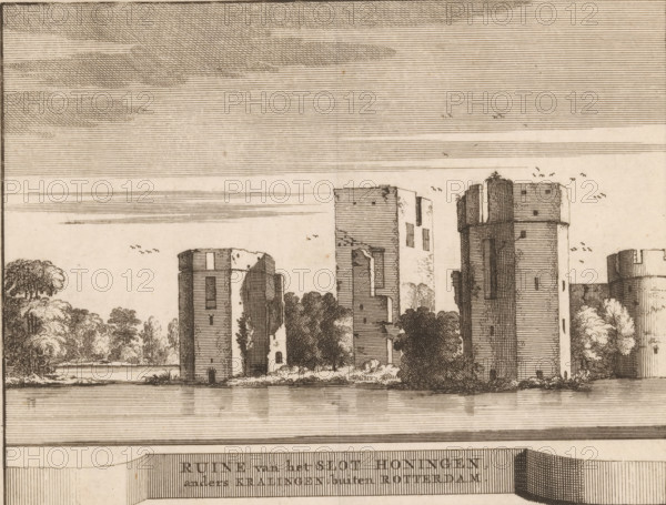 View of the ruins of Honingen Castle, Ruins of Honingen Castle, also known as Kralingen outside Rotterdam, print, book illustration, printmaker: Jacobus Schijnvoet, after drawing by Roelant Roghman (possibly), publisher: Pieter de Coup, Amsterdam, 1711, paper, etching, engraving, height 195 mm x width 218 mm, A sepia-toned etched landscape showing a row of tall, rectangular ruined towers and walls along a shoreline, with vertical and horizontal line shading on the structures, reflected faintly in the water foreground. Trees and bushes cluster between and beside the buildings, rendered with stippled and fine-line foliage. The sky above is filled with dense parallel horizontal hatch lines and cross-hatched clouds, with small groups of birds drawn as simple curved marks scattered across the sky. A wide horizontal band with dense vertical hatch shading runs along the bottom edge, interrupted by a darker shaded rectangular area on the right.