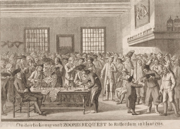 Zoopies Request, Signing of the Zoopies Request in Rotterdam in the year 1784, print, Series number, 4, printmaker: attributed to Joannes Hulstkamp, Rotterdam, 1784, Attributed to, paper, etching, engraving, height 143 mm x width 200 mm, The print depicts the collection of signatures for the Orangist request for the abolition of the Free Corps established in 1783., inn, coffee-house, public house, establishment of exercise societies (1783-1786), Period, 1784-03-29, A crowded interior scene rendered in fine etched lines shows many people gathered around tables and standing close together, most wearing period coats and various styles of hats, some seated on chairs while others lean over a central table with small glasses and vessels on it; a few figures hold cups or trays, one person bends over the table handling objects, another stands with a long cane, and a small child reaches toward an adult; in the background tall windows with panes and a doorway are visible against a textured wall ...