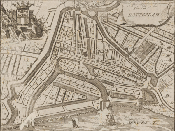 Map of Rotterdam, Plan de Rotterdam, area plan, print, 1650 - 1700, printmaker, paper, etching, engraving, height 158 mm x width 196 mm, maps of cities, Rotterdam, A monochrome engraved bird's-eye view of a walled port city showing a network of straight and curved canals and streets with rectangular and irregular blocks, bridges crossing waterways, small towered buildings and churches scattered among the blocks, and ships with sails and masts in the river at the bottom; in the upper left a decorative cartouche depicts two seated bearded male figures with flowing drapery beside a shield topped by a crown, and in the upper right a large flowing banner occupies open land near patterned fields and embankments.