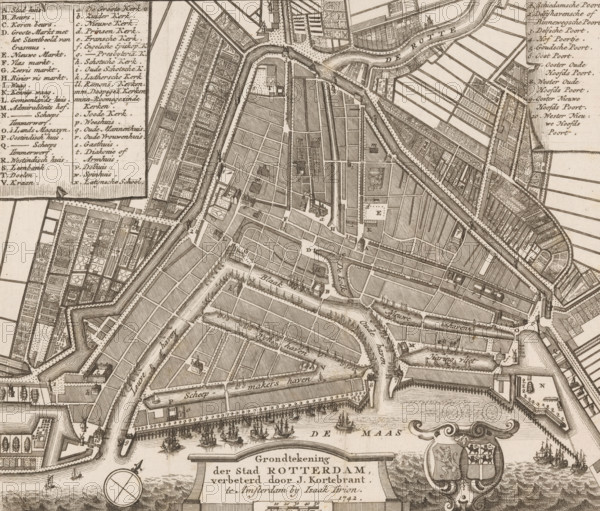 Ground plan of the city of Rotterdam, Map of Rotterdam, area plan, print, printmaker, cartographer, publisher, paper, etching, engraving, height 176 mm x width 204 mm, A detailed monochrome engraved city map showing canals, waterways, docks, bridges, and fortified walls with angular bastions, densely packed grids of streets and parcels, rows of buildings and warehouses along quays, small ships and sailing vessels in a river area, compass rose and ornate cartouche with heraldic shield, many rectangular plots with garden-like patterns, clusters of closely drawn houses, dotted lines indicating pathways, labeled map keys in columns, and numerous small architectural icons representing towers and churches.