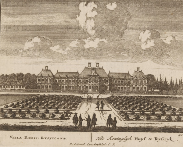 Views of Huis Ter Nieuburch in Rijswijk, Villa regis, Rysvicana, The royal house in Rijswijk, Fourfold spectacle of wonders, Admirandorum quadruplex spectaculum, print, book illustration, Series number, 41, 71, printmaker: Jan van Call (I), publisher: Pieter Schenk (I), Amsterdam, grantor of privilege: States of Holland and West Friesland, c. 1694 - c. 1697, paper, etching, engraving, height 130 mm x width 165 mm, A detailed engraving shows a large symmetrical mansion with multiple windows, steep hipped roofs, and central entrances, set behind a balustrade and flanked by rows of trees and tall evergreens; in front of the building formal gardens with geometric beds and pathways extend toward the foreground, where several groups of people in period clothing walk or stand along the central path; above, a sky filled with large, textured clouds stretches across the scene.