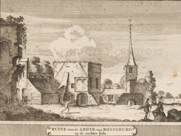 Ruins of Rhynsburg Abbey, on the right side, View of the ruins of Rijnsburg Abbey, print, book illustration, Series number, 41, 71, printmaker: Jacobus Schijnvoet, after drawing by Roelant Roghman, publisher: Pieter de Coup, Amsterdam, 1711, paper, etching, engraving, height 196 mm x width 217 mm, An etching of a village scene shows a cluster of stone buildings with varied roofs and arched openings, one structure topped by a tall, pointed steeple with a small weather vane. Trees and climbing vines grow around and on some buildings. Figures walk in the foreground, including a person carrying something on their head and two people in long coats and hats, one with a walking stick. The sky is filled with linear hatching and billowing clouds, and small birds appear in the sky. The ground in front of the buildings is grassy with a path and low vegetation.