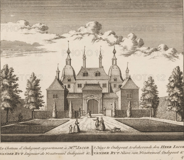View of Endegeest Castle in Oegstgeest, Le chateau d'Endegeest, apartment à M.ire Jacob vander Ryt seigneur de Woestweesel Endegeest &c., 't Huys te Endegeest, belonging to Mr. Jacob vander Ryt Heere van Woestweesel Endegeest &c., print, book illustration, printmaker: Abraham Rademaker (possibly), publisher: Leonard Schenk, Amsterdam, 1731, paper, etching, engraving, height 175 mm x width 200 mm, A detailed ink drawing of a grand symmetrical building with a central arched entrance flanked by rectangular towers and topped by domed and conical roofs with finials, set behind a fenced garden with clipped hedges and tall trees; a wide path leads from the foreground to the entrance where small human figures in period dress and a dog are walking and conversing on the avenue; the sky above is filled with horizontal line shading and stylized clouds.