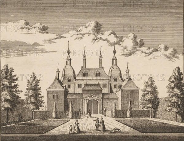 View of Endegeest Castle in Oegstgeest, Le chateau d'Endegeest, apartment à M.ire Jacob vander Ryt seigneur de Woestweesel Endegeest &c., 't Huys te Endegeest, belonging to Mr Jacob vander Ryt Heere van Woestweesel Endegeest &c., print, book illustration, printmaker: Abraham Rademaker (possibly), publisher: Leonard Schenk, Amsterdam, 1731, paper, etching, engraving, height 175 mm x width 215 mm, A detailed engraving shows a large symmetrical building with a central arched entrance flanked by square towers and domed turrets topped with slender spires, the roof punctuated by dormer windows and chimney-like pinnacles; formal pathways and trimmed hedges lead up to the entrance, bordered by tall, narrow trees and larger leafy trees at the edges; several small figures in period dress walk or stand on the main approach, with one person near the doorway and a small dog on the path; above the building a sky filled with layered, horizontal lines and billowing clouds stretches across the top of t...