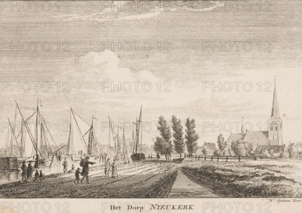 The village of Nieukerk, View of the village of Nieuwerkerk aan den IJssel (former title), View of the village of Nijkerk, print, printmaker: Hendrik Spilman, 1742 - 1784, paper, etching, engraving, height 135 mm x width 192 mm, sailing-ship, sailing-boat, church (exterior), village, Nieuwerkerk aan den IJssel, A wide riverside scene rendered in fine linework shows several sailing boats moored along a waterfront with tall masts and furled sails, groups of small figures standing and walking along the shore and quay, a few people appearing to converse or gesture, a path or road leading inland bordered by grassy banks and lined with trees, a cluster of buildings including a church with a tall spire rising above the rooftops, fences and hedges near the houses, and a sky filled with layered, linear clouds.