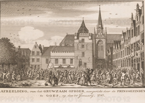 Riot by Orangists on the market square in Goes, 1787, Image, of the Gruesome Uprising, instigated by the Orangists, in Goes, on January 30, print, The riot instigated by Orangists on the market square in Goes, January 30, 1787. View of the Market Square with the town hall and the Great Church., label: 'Fr. M. No. 4760a', printmaker, Northern Netherlands, paper, etching, height 117 mm x width 175 mm, street-fights, riots, Patriot Era (1780-1795), Goes, Period, 1787-01-30, A densely engraved street scene shows a large crowd of people in animated motion across a wide plaza, with many figures gesturing, some running, others fighting or carrying objects, and scattered items on the ground; the foreground crowd fills the lower area while a row of tall, narrow buildings with gabled roofs lines both sides of the street, leading to a larger central complex featuring a prominent church facade with a tall spire, arched windows, and ornamental roof details; trees rise at one side behind the buildin...