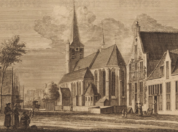 View in the center of Nijkerk, The village of Nijkerk, print, c. 1700 - c. 1799, printmaker, paper, etching, height 161 mm x width 214 mm, church (exterior), village, two-wheeled vehicle drawn by one animal, Nijkerk, A sepia-toned etching shows a street scene dominated by a large Gothic church with tall pointed roofs and a central spire, flanked by smaller steeples and buttressed walls with arched windows; adjacent to the church are rows of narrow multi-story buildings with steep gabled roofs and rectangular windows, some with climbing vegetation on the facades. In the foreground a paved street runs past the buildings where small groups of people are gathered, including standing figures in long garments, seated figures, and a person pushing a cart; further back a carriage is visible near a tree-lined area. The sky is filled with finely hatched horizontal lines and soft, billowing clouds, and the overall composition is rendered with detailed linework and crosshatching.