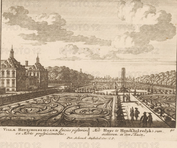 Villae Hondsholredicanae facies posterior, ex horto prospicientibus, Het huys te Hondsholredyk, van achteren in den thuin, Gezicht op Huis Honselaarsdijk vanaf de tuinzijde, Admirandorum quadruplex spectaculum, Uitgeleesene gesichte van het wijdvermaarde Loo als andere vorstelijke huisen, print, book illustration, printmaker: Jan van Call (I), publisher: Pieter Schenk (I), Amsterdam, grantor of privilege: States of Holland and West Friesland, c. 1694 - c. 1697, paper, etching, height 129 mm x width 169 mm, A detailed engraved scene shows an ornate formal garden with large parterres filled with swirling, decorative patterns in the foreground and a wide straight walkway running through the middle toward a distant horizon; along the walkway and terraces small groups of people in period clothing are visible, some standing and others walking, rendered as fine line figures; to the left a multi-story building with steeply pitched roofs, chimneys, dormer windows, and decorative finials sits be...