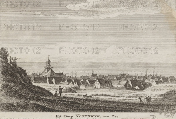 View of Noordwijk aan Zee, The village of Noordwyk, by the sea, print, printmaker: Hendrik Spilman, c. 1742 - c. 1784, paper, etching, engraving, height 130 mm x width 191 mm, dune coast, prospect of village, silhouette of village, church (exterior), Noordwijk aan Zee, Noordwijk, A wide sepia-toned engraving shows a coastal village viewed from a grassy hillside, with rows of closely packed rooftops and a central building topped by a tower and small flag. The foreground hillside contains textured grasses and a few small figures walking or standing, one with a stick and another seated, and two figures near the left edge standing on a slope looking toward the sea. The middle ground presents houses with steep roofs, chimneys, and fences, and a small herd of grazing animals near a path. In the distant background a calm sea stretches to the horizon with a small sailing vessel and a faint line of ships, while above thin horizontal lines and soft cloud shapes fill the sky.