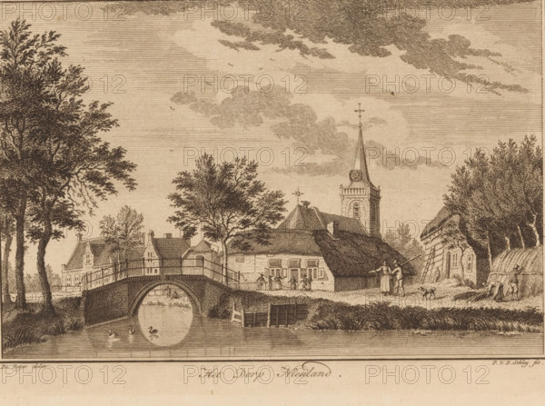 View of Nieuwland, The village of Nieuwland, print, book illustration, Series number, 2, printmaker: Philippus van der Schley, after drawing by Jan de Beijer, 1739 - 1817, paper, etching, engraving, height 146 mm x width 205 mm, prospect of village, silhouette of village, church (exterior), bridge in village across river, canal, Nieuwland (South Holland), A sepia-toned engraving showing a village scene with a stone arched bridge spanning a canal, water reflecting the arch and three small waterfowl swimming, and a wooden railing along the bridge. Along the street behind the bridge are clustered buildings with pitched and thatched roofs, windows, and chimneys, and a tall church tower topped by a pointed spire and a decorative weather vane. Trees with detailed foliage frame both sides of the scene, and clouds and a few small birds appear in the sky. Small groups of people stand and walk near the buildings and along the road, one couple near the foreground with a dog, and a few figures eng...