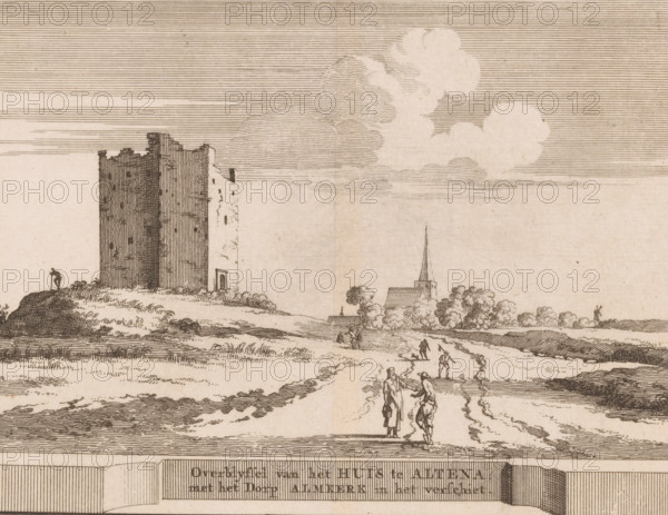 Remains of the House of Altena with the village of Almkerk in the distance, View of the ruins of the House of Altena, print, book illustration, printmaker: Jacobus Schijnvoet, after drawing by Roelant Roghman (possibly), publisher: Pieter de Coup, Amsterdam, 1711, paper, etching, engraving, height 195 mm x width 216 mm, A sepia-toned landscape drawing shows a large blocky stone tower on a grassy mound at left with small rectangular openings and a doorway, a solitary figure standing near the mound edge, and gently rolling terrain extending toward the right where a church with a tall pointed steeple rises behind a cluster of trees. In the foreground a winding dirt path runs toward the horizon with several small human figures walking along it, including two figures conversing near the front and other figures farther back, and a distant windmill silhouette stands on the right horizon. The sky above is filled with horizontal line shading and rounded cloud forms, and the ground and vegetatio...