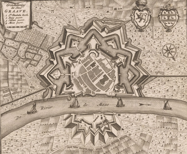 Map of Grave, Ground plan of the city of Graave, area plan, print, book illustration, publisher: Isaak Tirion, Amsterdam, 1740, printmaker, paper, engraving, etching, height 174 mm x width 205 mm, An aerial view of a star-shaped fortified town with angular bastions and layered defensive walls surrounded by patterned fields and textured land, a wide river crossing the scene with sailing boats on its water, a smaller detached fortress below the river mirroring the star design, a network of streets and clustered buildings within the main fortress, decorative shields and an eight-pointed compass rose near the top, a rectangular inset map area and a cartouche with ornamental edging at the upper corner, and scattered small trees and pathways across the surrounding landscape.