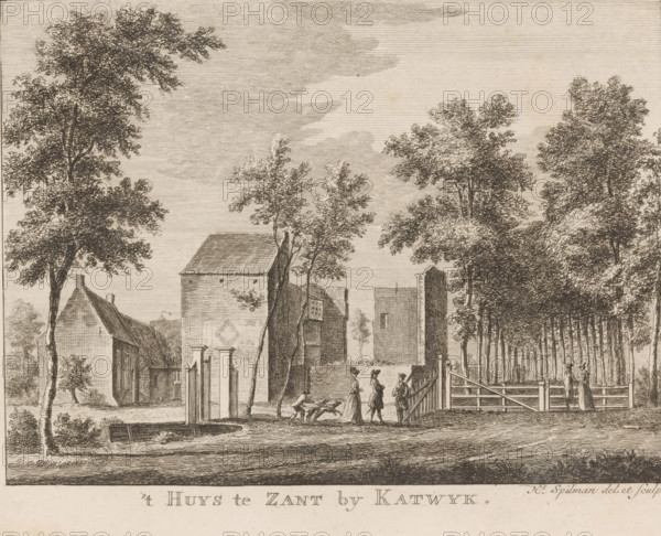 t Huys te Zant by Katwyk, View of the ruins of 't Zand castle near Katwijk, print, Series number, 7, Numbered top right: 7., printmaker: Hendrik Spilman, Haarlem, after design by Hendrik Spilman, 1742 - 1784, Hendrik Spilman, printmaker, paper, etching, height 162 mm x width 209 mm, ruin of a dwelling, house, castle, landscape with ruins (city(-scape) with figures, staffage), Katwijk (Zuid-Holland), A sepia-toned etching shows a rural scene with tall trees flanking both sides and a cluster of buildings with pitched roofs and simple facades near the center. A low wall and gate separate a fenced area from a path where several small human figures stand and stroll; one figure appears to be walking dogs while others are conversing. A wooden gate and fence extend toward a tree-lined avenue on the right, and a figure stands near the gate on the far right. The foreground features a grassy verge and a shallow ditch or channel, while the sky above is filled with hatched shading suggesting clouds...