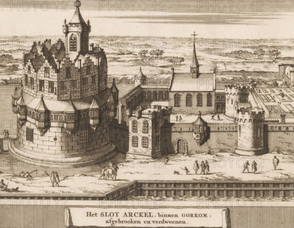 Arkel Castle, within Gorinchem, demolished and disappeared, View of Arkel Castle in Gorinchem, demolished in 1413, Castles, country estates and houses in the Netherlands, print, book illustration, Marked lower right: P., printmaker: Jacobus Schijnvoet, Amsterdam, after drawing by Roelant Roghman (possibly), publisher: Pieter de Coup (possibly), 1711, paper, etching, height 194 mm x width 211 mm, Print first used in: Smids, Ludolph. Schatkamer der Nederlandse oudheden, of Woordenboek, between p. 20 and 21. Possibly appeared afterwards in reissues of this work in 1737 and 1774. In 1721 an edition appeared containing only the prints: Nederlandsche oudheden, bestaan in zes zes verbeeldingen, gelegen in Holland, 't Sticht van Utrecht en Gelderland enz. Amsterdam: Hendrik Bosch, 1721., castle, landscape with tower or castle (city(-scape) with figures, staffage), Gorinchem, Arkel, A detailed pen-and-ink drawing of a fortified complex by water featuring a large round tower with multiple tiers,...