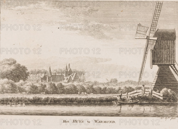 View of Huis Warmond, Het Huys te Warmond, print, watermark, printmaker: Hendrik Spilman, Haarlem, 1742 - 1784, paper, etching, height 138 mm x width 193 mm, windmill in landscape, windmill, landscape with tower or castle, Warmond, Huis Warmond, A sepia-toned etched landscape showing a river in the foreground with reflected lines on the water, a narrow strip of tall grasses along the bank, and a small rowboat near the shore with figures inside. On the right edge a large windmill with detailed sails and a textured tower rises above a wooden bridge where two figures stand and another leans on the railing. Across the middle ground a dense belt of trees and shrubs stretches horizontally, with grazing animals visible among the foliage and a cluster of buildings with steep gabled roofs and spires peeking above the treeline. The sky above is filled with horizontal etched lines and wispy cloud formations.