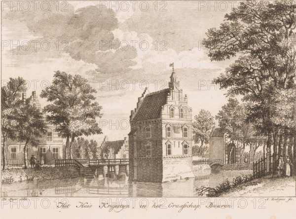 View of Crayestein House in Tricht, Krajestyn House, in the County of Buuren, Village views across the Linge, print, Series number, 10, 12, Numbered top right: 10., printmaker: Antoine Radigues, after drawing by Jan de Beijer, publisher: Pierre Fouquet, Amsterdam, 1750 - 1764, paper, etching, height 149 mm x width 210 mm, This print first appeared in a series of twelve prints published by Pierre Fouquet junior in the second half of the eighteenth century. This series consisted of prints of: Spijk, Nieuwland, Heukelum (3x), Ensapijk, Leerdam, Deil, Gellicum, Asperen, Acquoy and Craijenstein (near Tricht). Later, these prints were used in: Gezigten van voornaame Hollandsche dorpen. Amsterdam: Evert Maaskamp, ca. 1775-1800., landscape with tower or castle, castle, Tricht, A detailed sepia-toned engraving shows a riverside scene with a large stepped-gable building rising from the water at center, its tiled roof and brick façade rendered with fine crosshatching and a small turret topped by ...