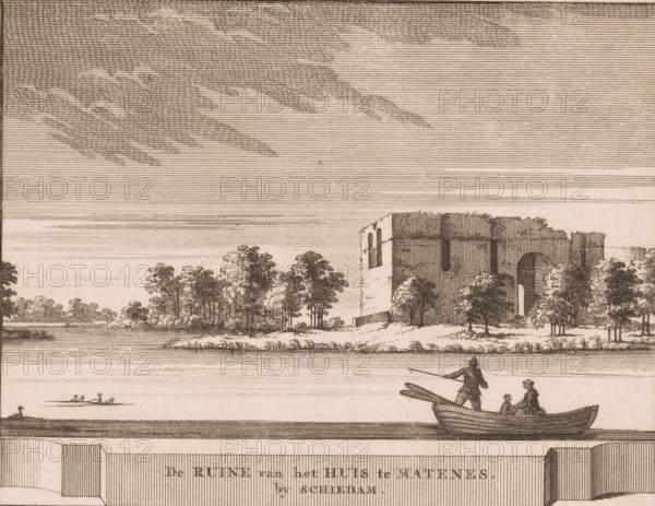 View of the ruins of Huis te Riviere in Schiedam, The ruins of the house at Matenes by Schiedam, print, View of the ruins of Huis te Riviere, also called Huis Mathenesse, in Schiedam., printmaker: Jacobus Schijnvoet, Amsterdam, after drawing by Roelant Roghman (possibly), 1711 - 1774, paper, etching, engraving, height 196 mm x width 215 mm, Print used in: Smids, Ludolf. Schatkamer der Nederlandse oudheden, of woordenboek, behelsende Nederlands steden en dorpen, kasteelen, sloten en heeren huysen (…). Amsterdam: Pieter de Coup, 1711, between p. 224 and 225. It is also possible that this print comes from the second (1737) or third (1774) edition, or from an edition containing only the prints: Nederlandsche oudheden, bestaan in zeskelijk verbeeldingen, gelegen in Holland, 't Sticht van Utrecht en Gelderland enz. Amsterdam: Hendrik Bosch, 1721., ruin of a dwelling, house, castle, Schiedam, Huis te Riviere, A horizontal ink drawing showing a wide sky filled with fine parallel horizontal lin...