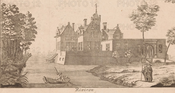 View of Huis te Riviere in Schiedam, Riviren, print, book illustration, Series number, 49, View of Huis te Riviere. Numbered top right: C.No.29. and top left: Tom.3p.125.No4., 1700 - 1750, printmaker, paper, etching, height 113 mm x width 212 mm, rural housing, eg country-house, villa, cottage, landscape with tower or castle, Schiedam, Huis te Riviere, A sepia-toned etching shows a riverside scene with a large brick building complex set behind a high wall, featuring stepped gables, chimneys, and multiple windows with shutters, and an arched gateway with a small bridge at one side; in the foreground a narrow river runs across the image with a small boat carrying two figures, one standing and pushing with a pole; on the right riverbank two standing figures wearing long coats and wide-brimmed hats hold staffs; trees and dense foliage frame both sides of the scene, and low grassy banks border the water.