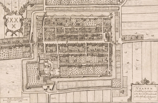 Vyanen, Map of Vianen, area plan, print, printmaker, Johannes Willemszoon Blaeu, Hendrick Hondius, paper, etching, height 149 mm x width 226 mm, Print used in: Boxhorn, Marcus Zuerius van. Theatrum sive Hollandiae comitatus et urbium nova descriptio (…). Amsterdam: Henricus Hondius, 1632., maps of cities, Vianen, A detailed hand-drawn map rendered in sepia tones showing a walled town with rectangular blocks of buildings and tree-filled courtyards arranged in a grid, surrounded by moats and outer fields; the town contains rows of pitched-roof structures, churches or larger roofed buildings, small towers at corners of the walls, gates opening to causeways, and windmills near the perimeter; outside the walls are patterned agricultural fields with scattered small figures and animals, ornamental borders, and decorative cartouches and laurel motifs at the edges.