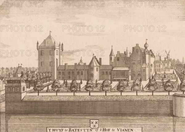 T Huys te Batestyn of 't Hof te Vianen, View of the Court at Vianen, print, printmaker: attributed to Jan van Vianen, after drawing by Caspar Specht (attributed to), publisher: Ottens, Reinier (I) & Josua, Amsterdam, c. 1730, Jan van Vianen, Caspar Specht, Ottens, printmaker, after drawing by, publisher, Attributed to, paper, etching, height 153 mm x width 212 mm, Print used in: Het verheerlykt Utrecht bekeken in de gezichten der adelijke en riddermatige hofsteden, in de heerlijkheid Utrecht. Amsterdam: R. and J. Ottens, ca. 1730, landscape with tower or castle, country house, Huis Batenstein, A detailed sepia-toned architectural engraving shows a fortified complex with high walls, towers, and a variety of connected buildings with pitched and stepped roofs, turrets, and chimneys. In front of the buildings there are formal gardens with symmetrical pathways, ornamental beds, hedges, and statues or fountains placed within the beds. Trees line parts of the grounds and small figures are dep...