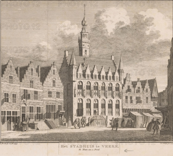 The Town Hall in Veere, View of the Town Hall of Veere, 1743, print, book illustration, printmaker: Jan Caspar Philips, Amsterdam, after drawing by Cornelis Pronk, publisher: Isaak Tirion, grantor of privilege: States of Holland and West Friesland, 1747, paper, etching, paste, height 176 mm x width 201 mm, During the making of the plates, the wrong title was placed on the plate of this print: 'The Town Hall in Vlissingen'. The correct title with the address of Isaak Tirion has been pasted over this. Print also used in: Wagenaar, Jan. Present State of the United Netherlands, 1753, vol. 10, between p. 168 and 169., town hall, square, circus, etc. (city(-scape) with figures, staffage), Veere, Stadhuis (Veere), A sepia-toned etched city scene showing a row of tall brick buildings with stepped gables and arched windows, a central ornate building with a balcony and a short flight of steps leading to an entrance, and a tower with a spire and decorative clock rising above the rooftops; people ...