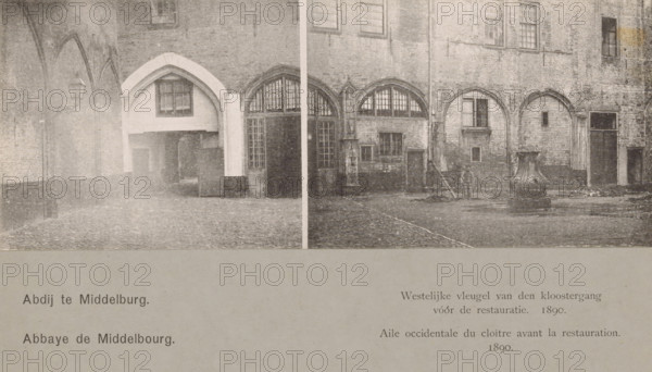 Western wing of the cloister before restoration, 1890, Aile occidentale du cloître, Western wing of the cloister of the Abbey in Middelburg, Views of the Abbey in Middelburg, Abbey in Middelburg, Abbaye de Middelbourg, photomechanical print, cliché maker: Straaten, Gebroeders van, Middelburg, in or after 1900, photographer, paper, collotype, photogravure, height 81 mm x width 214 mm, abbey, monastery, convent, Roman Catholic church, corridor, cloisters, Abbey of Middelburg, A sepia-toned photograph of an old stone courtyard showing a row of arched doorways and windows set into a brick wall, with one large ornate fountain base positioned on the paved ground near the right side and a solitary lamp mounted on the left wall; the ground is cobbled and a narrow vertical seam divides the image into two panels, while the lower portion of the image shows a blank lighter area separated from the photograph.