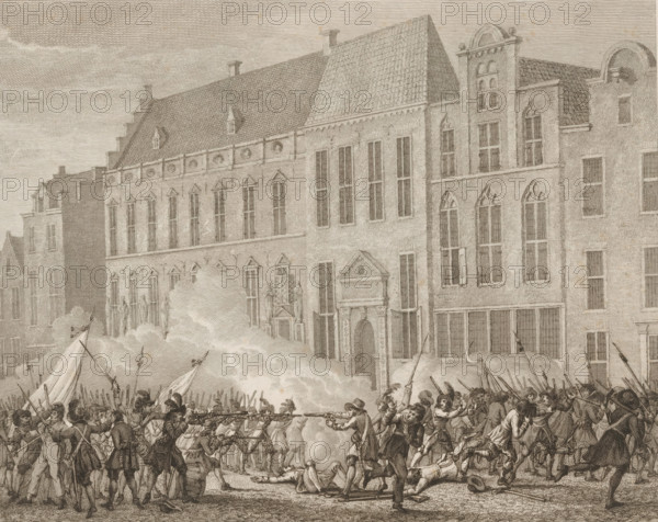 Street fighting in Nijmegen, 1703, print, book illustration, Street fighting following the change of magistrates in Nijmegen, January 2, 1703. Groups of soldiers and citizens shoot at each other in the street in front of the town hall. Conflict between the supporters of the 'Old Faction' (the incumbent regents) and the 'New Faction' (commoners, new regents) supported by the Maas boatmen., printmaker: Reinier Vinkeles (I), Amsterdam, publisher: François Bohn, Haarlem, 1800 - 1801, paper, etching, height 224 mm x width 276 mm, Print in third state used in: Fokke, Jan. History of the eighteenth century, 1801, vol. 1, between p. 258 and 259., street-fights, riots, violent death by firearms, Nijmegen, Period, 1703-01-02, A detailed engraved scene shows a row of tall, ornate stone buildings with steep tiled roofs and many narrow windows, some with pointed arches and decorative pediments, and a large central entrance flanked by statues; in front of the buildings a dense cloud of smoke or powd...