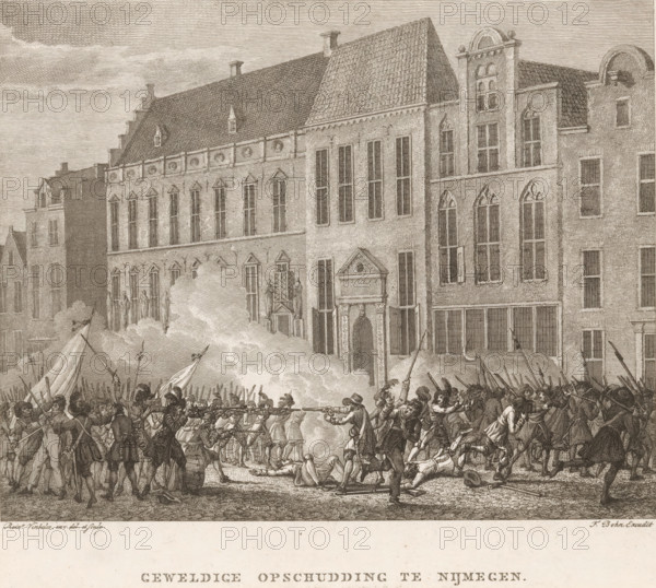 Great commotion in Nijmegen, Street fighting in Nijmegen, 1703, print, book illustration, Street fighting following the change of magistrates in Nijmegen, January 2, 1703. Groups of soldiers and citizens shoot at each other in the street in front of the town hall. Battle between the supporters of the 'Old Faction' (the incumbent regents) and the 'New Faction' (commoners, new regents) supported by the Maas boatmen., printmaker: Reinier Vinkeles (I), Amsterdam, publisher: François Bohn, Haarlem, 1801, paper, etching, height 171 mm x width 190 mm, Print in third state used in: Fokke, Jan. History of the eighteenth century, vol. 1, between p. 258 and 259., street-fights, riots, violent death by firearms, Nijmegen, Period, 1703-01-02, A densely detailed engraving showing a procession of armed figures in period clothing engaging in combat in a street, with some wielding long muskets and pikes and others carrying flags and banners, smoke billowing from discharged weapons and partially obscuri...