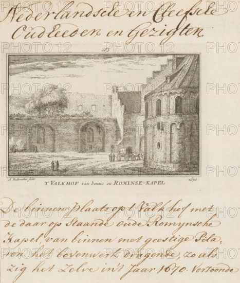View of the Valkhof and the St. Martin's Chapel or Barbarossa Ruin in Nijmegen, 1670, The Valkhof from the inside and Romynse Chapel, print, book illustration, Series number, 283, 300, Numbered at the top: 283., inscription: 'Dutch and Cleves Antiquities and Views, The courtyard at the Valkhof with the old Romynse Chapel standing there, supporting the upper structure from the inside with witty Pillars, as it appeared in the year 1670', printmaker: Abraham Rademaker, Amsterdam, publisher: Willem Barents, 1725, Abraham Rademaker, Willem Barents, printmaker, publisher, materials by function, paper, ink, etching, pen, with text in brown pen, height 81 mm x width 113 mm, height 183 mm x width 140 mm, Print first used in: Rademaker, Abraham. Cabinet of Dutch antiquities and views: contained in 300 art plates (…). 2 vols. Amsterdam: Willem Barents, ill. 283. Subsequently, the print appeared in various reissues, published in 1727-1733, 1770-1771 and 1792-1803., ruin of a dwelling, house, castl...