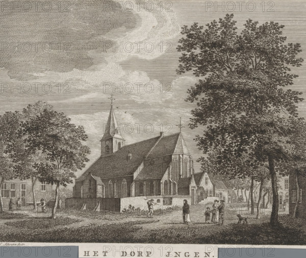 View of a church in the village of Ingen in Gelderland, The village of Ingen, print, Series number, 11, Numbered top right: 11., printmaker: Hermanus Petrus Schouten, Netherlands, after drawing by Jan de Beijer, c. 1757 - c. 1800, paper, etching, height 157 mm, width 201 mm, church (exterior), village (city(-scape) with figures, staffage), Ingen, An engraved scene shows a large church with steep roofs and a tall spire rising above the building, flanked by mature trees with dense foliage; people are visible near the church engaged in various activities, including a group of figures standing together, a person walking a dog, and others strolling or interacting; architectural details of the church include arched windows and buttresses, while surrounding buildings with pitched roofs and small windows line the background; the sky is filled with finely etched clouds and horizontal line shading, and the foreground includes a grassy area and a low fence or wall near the church.