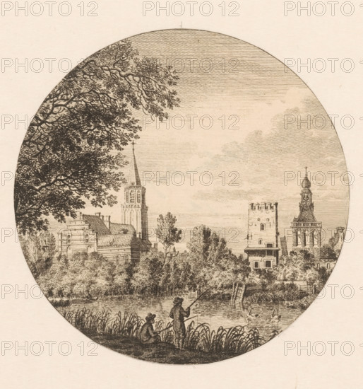 View of Culemborg with the St. John's Church and the inner gate, print, Round print with the now demolished St. John's Church on the left. On the right the inner gate, in the foreground two fishermen, c. 1750 - c. 1800, printmaker, paper, etching, height 138 mm x width 138 mm, river, church (exterior), landscape with ruins (city(-scape) with figures, staffage), Culemborg, Binnenpoort (Culemborg), A circular sepia-toned etching showing a riverside scene with trees and foliage along the bank, two figures fishing at the water's edge with one seated and one standing holding a fishing rod, waterfowl swimming nearby, an expanse of sky with fine horizontal hatching, and a cluster of buildings across the river including towers and steeples with ornate architectural details, partially framed by overhanging tree branches at the top left.