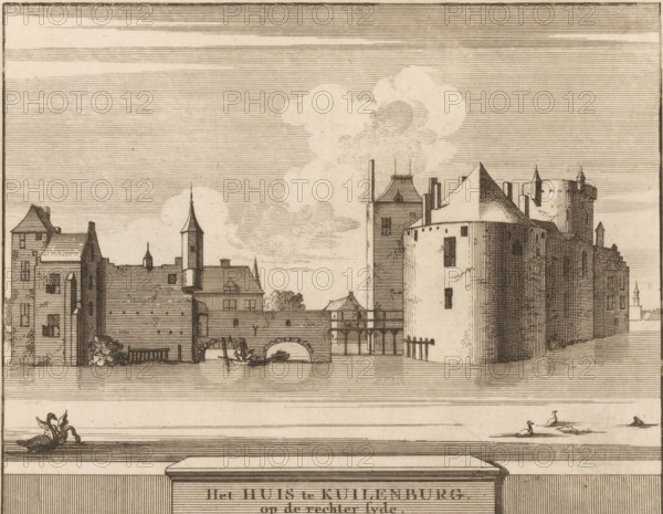 View of Culemborg Castle, The House at Kuilenburg on the right side, Castles, country estates and houses in the Netherlands, print, book illustration, Marked lower right: I of L., printmaker: Jacobus Schijnvoet, Amsterdam, after drawing by Roelant Roghman (possibly), publisher: Pieter de Coup (possibly), 1711, paper, etching, height 195 mm x width 208 mm, Print first used in: Smids, Ludolph. Schatkamer der Nederlandse oudheden, of Woordenboek, between p. 190 and 191. Possibly appeared thereafter in reissues of this work in 1737 and 1774. In 1721, an edition appeared containing only the prints: Nederlandsche oudheden, bestaan in zesachtig verbeeldingen, gelegen in Holland, 't Sticht van Utrecht en Gelderland enz. Amsterdam: Hendrik Bosch, 1721., water-birds: swan, castle, Culemborg, A detailed ink drawing of a riverside scene showing a row of connected stone and timber buildings with steep roofs and towers, a rounded fortified tower with a conical roof, arched openings at water level, a...