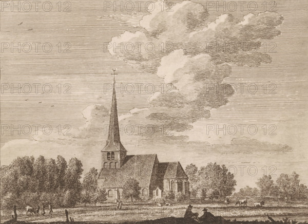 The Village of Balgoyen, Village view in Balgoij in Gelderland, Views of prominent Dutch villages, Dutch village views, print, Series number, 7, Numbered top right: 7., printmaker: Hendrik Spilman (possibly), publisher: Pierre Fouquet (possibly), Amsterdam, c. 1770 - c. 1800, paper, etching, intaglio printmaking technique, height 159 mm x width 210 mm, Print possibly from: Views of prominent Dutch villages. Amsterdam: Pierre Fouquet, sa, church (exterior), village (city(-scape) with figures, staffage), Wijchen, Balgoij, A sepia-toned drawing of a church with a tall pointed steeple rising above a pitched roof, surrounded by clusters of trees, with large billowing clouds filling much of the sky and fine horizontal lines indicating atmospheric shading; small figures and animals appear near the foreground along a riverbank, with two seated figures silhouetted closest to the viewer and other people and grazing animals scattered farther back.