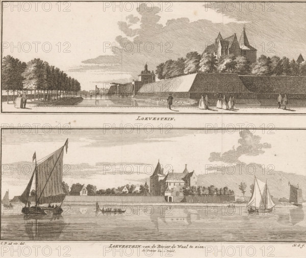 Two views of Slot Loevestein, Loevestein, Loevestein seen from the River Waal, print, book illustration, printmaker: Hendrik Spilman, Haarlem, after drawing by Cornelis Pronk, Loevestein Castle, publisher: Isaak Tirion, Amsterdam, 1749, Poederoijen, paper, etching, height 196 mm, width 214 mm, A horizontal etched scene showing a riverside castle and its surroundings with detailed line work. In the upper portion there is a raised, sloped embankment topped with trees and a cluster of tall, pitched-roof buildings and towers, with a line of trees extending toward the left and a small pavilion-like structure near the water. Figures in period dress stand and walk along the bank in small groups. Below, on the river, several sailing vessels with furled and unfurled sails float or are moored, with reflections visible in the rippling water and a small rowed boat carrying seated figures. The sky is filled with hatched shading and stylized cloud formations, and the composition is framed by thin en...