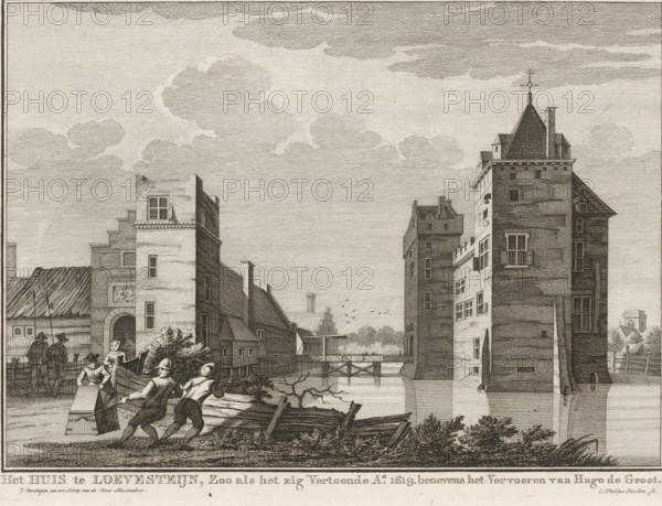 Escape of Hugo de Groot in the book chest from Loevestein Castle, 1621, The House at Loevestein, as it appeared in the year 1619. together with the transport of Hugo de Groot, print, View of Loevestein Castle with the escape of Hugo de Groot in the book chest in the foreground on the left, March 22, 1621. Men are dragging the chest on a rope., printmaker: Caspar Jacobsz. Philips, Amsterdam, after drawing by Jacobus Versteegen, after drawing by Andries Schoemaker, c. 1752 - 1789, paper, etching, height 159 mm x width 220 mm, Person, Hugo de Groot, castle, landscape with tower or castle (city(-scape) with figures, staffage), law and jurisprudence (escape from prison), Hugo de Groot escapes from Loevestein in the book chest, Poederoijen, Loevestein Castle, A detailed monochrome etching shows a riverside scene with tall masonry buildings and towers on either side of a waterway, a bridge crossing the water in the middle distance, and a cluster of smaller gabled houses along the left bank. I...