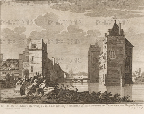 Escape of Hugo de Groot in the book chest from Loevestein Castle, 1621, The House at Loevestein, as it appeared in the year 1619. together with the transport of Hugo de Groot, print, View of Loevestein Castle with the escape of Hugo de Groot in the book chest in the foreground on the left, March 22, 1621. Men are dragging the chest on a rope., printmaker: Caspar Jacobsz. Philips, Amsterdam, after drawing by Jacobus Versteegen, after drawing by Andries Schoemaker, c. 1752 - 1789, paper, etching, height 159 mm x width 220 mm, Person, Hugo de Groot, castle, landscape with tower or castle (city(-scape) with figures, staffage), law and jurisprudence (escape from prison), Hugo de Groot escapes from Loevestein in the book chest, Poederoijen, Loevestein Castle, A detailed monochrome engraving shows a canal scene framed by tall brick buildings with pitched roofs and towers on either side, a bridge crossing the water in the midground, and clouds filling the sky. In the foreground several figures...