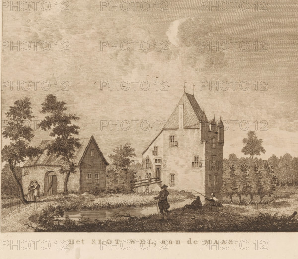 View of Well Castle, Het Slot Wel, on the Maas, print, Series number, 5, publisher: Evert Maaskamp, Amsterdam, c. 1800, printmaker, paper, etching, height 165 mm x width 206 mm, Print appears in: Views of prominent Dutch villages. Amsterdam: E. Maaskamp, 1800., landscape with tower or castle, Gelderland, A sepia-toned etching showing a riverside scene with a large multi-story building featuring steep roofs and small turrets, adjacent smaller structures with pitched roofs, and trees scattered around; a bridge or walkway connects part of the main building to the bank, where a figure stands, while two seated figures by the water hold long fishing rods and another figure stands nearby; in the foreground a pond edged by grasses reflects the sky, and two figures walk together near a small arched doorway of one building; the sky is filled with textured clouds and a few flying birds.