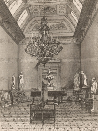 Interior with sculptures, print, printmaker: Smeeton-Tilly, after drawing by Piet Schipperus, 1874 - 1888, paper, etching, height 184 mm x width 137 mm, Possibly a room at Het Loo Palace., palace - AA - civic architecture: inside, Apeldoorn, A tall ornate chandelier hangs from a decorated vaulted ceiling above a richly furnished room, with carved cornices and framed panels on the ceiling; below it, an elaborate doorway with a floral arrangement stands centered on the back wall, flanked by classical statues on pedestals; in the foreground, upholstered chairs and a table with turned legs sit on a patterned tiled floor, and additional carved chairs and small tables line the side walls.