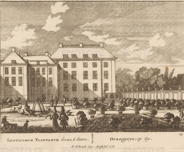 Exoticarum Plantarum locus, ã latere, Orangerye, op zy, View of the orangery of Paleis het Loo, Admirandorum Quadruplex Spectaculum, Fourfold spectacle of wonders, print, Series number, 23, 71, printmaker: Jan van Call (I), Amsterdam, publisher: Pieter Schenk (I), grantor of privilege: States of Holland and West Friesland, c. 1700, paper, etching, height 128 mm x width 165 mm, Other state also used in: Call, 1700.* * The title page, dedication, and portrait of Frederick of Saxony were engraved by Pieter Schenk (I). The other prints in this series are, as indicated on the title page, by Jan van Call (I)., palace, greenhouse, orangery, Apeldoorn, Paleis Het Loo, A sepia-toned engraving shows a large multi-story building with a pitched roof and rows of rectangular windows, adjacent smaller connected structures, and chimneys along the roofline. In front of the buildings is a formal garden with geometric planting beds, potted shrubs, and a central fountain featuring sculpted figures and wat...