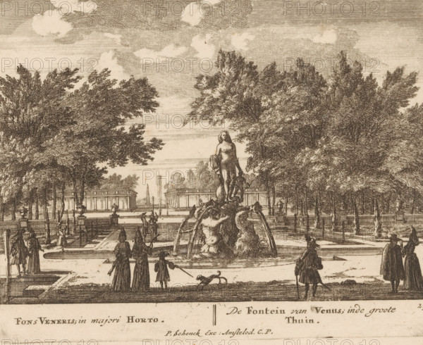 Fons Veneris, in majori Horto, De Fontein van Venus, inde groote Thuin, Venus fontein in de tuin van Paleis Het Loo, Viervoudig schouwspel van wonderen, Admirandorum Quadruplex Spectaculum, print, Series number, 25, 71, printmaker: Jan van Call (I), Amsterdam, publisher: Pieter Schenk (I), grantor of privilege: Staten van Holland en West-Friesland, c. 1700, paper, etching, height 130 mm x width 164 mm, Other state also used in: Call, 1700.* * The title page, dedication, and the portrait of Frederick of Saxony were engraved by Pieter Schenk (I). The other prints in this series are, as indicated on the title page, by Jan van Call (I)., garden, ornamental fountain, palace, Apeldoorn, Paleis Het Loo, A sepia-toned engraving showing a formal garden with tall trees lining a central promenade, a large ornate fountain as a focal point featuring sculpted figures and water streams, a classical female statue atop the fountain, rectangular reflecting pools and low balustrades, groups of people in ...