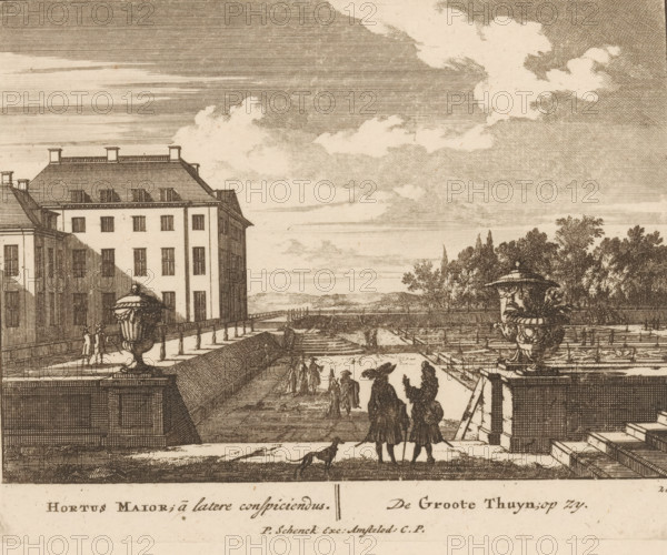 Hortus Maior, à latere conspiciendus, De Groote Thuyn, op zy, Tuin van Paleis Het Loo, Viervoudig schouwspel van wonderen, Admirandorum Quadruplex Spectaculum, print, Series number, 26, 71, printmaker: Jan van Call (I), Amsterdam, publisher: Pieter Schenk (I), grantor of privilege: Staten van Holland en West-Friesland, c. 1700, paper, etching, height 130 mm x width 165 mm, Other state also used in: Call, 1700.* * The title page, dedication, and portrait of Frederick of Saxony were engraved by Pieter Schenk (I). The other prints in this series are, as indicated on the title page, by Jan van Call (I)., garden, palace, Apeldoorn, Paleis Het Loo, A sepia-toned etching shows a large multi-story building with rows of windows and a pitched roof, positioned beside a terrace with balustrades and ornamental urns. On the terrace and lower walkway, groups of figures wearing period clothing and hats are gathered, some standing and some walking, with a small dog near the foreground. Stairs lead down...
