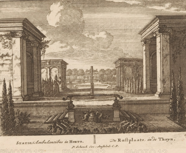 Statio, Ambulantibus in Horto, De Rustplaats, in de Thuyn, Rustplaats in de tuin van Paleis Het Loo, Viervoudig schouwspel van wonderen, Admirandorum Quadruplex Spectaculum, print, Series number, 29, 71, printmaker: Jan van Call (I), Amsterdam, publisher: Pieter Schenk (I), grantor of privilege: States of Holland and West Friesland, c. 1700, paper, etching, height 128 mm x width 170 mm, Other state also used in: Call, 1700.* * The title page, dedication, and portrait of Frederick of Saxony were engraved by Pieter Schenk (I). The other prints in this series are, as indicated on the title page, by Jan van Call (I)., garden buildings, palace, Apeldoorn, Paleis Het Loo, A sepia-toned architectural engraving showing a formal garden framed by large classical colonnades on the left and right, with ornate capitals and entablatures. In the foreground there is a rectangular fountain basin with sculptural elements and decorative water spouts, surrounded by low clipped hedges. A balustraded terrac...