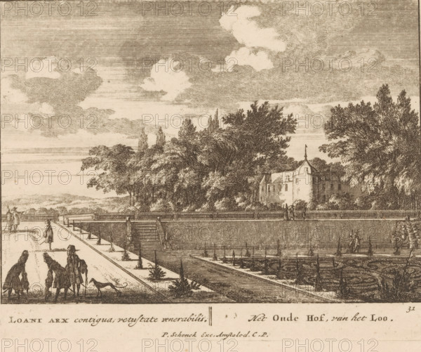 Loani arx contigua, vetustate venerabilis, Het Oude Hof, van het Loo, Oude hof van Paleis Het Loo, Viervoudig schouwspel van wonderen, Admirandorum Quadruplex Spectaculum, print, Series number, 31, 71, printmaker: Jan van Call (I), Amsterdam, publisher: Pieter Schenk (I), grantor of privilege: Staten van Holland en West-Friesland, c. 1700, paper, etching, height 131 mm x width 164 mm, Other state also used in: Call, 1700.* * The title page, dedication, and portrait of Frederick of Saxony were engraved by Pieter Schenk (I). The other prints in this series are, as indicated on the title page, by Jan van Call (I)., garden, palace, Apeldoorn, Paleis Het Loo, A detailed ink landscape showing a wide promenade beside a long reflective water channel with a low railing and steps leading down, a group of figures in period clothing walking and conversing along the path with a dog, a distant castle-like building with a rounded tower and flag partially obscured by dense trees, rows of tall leafy tr...