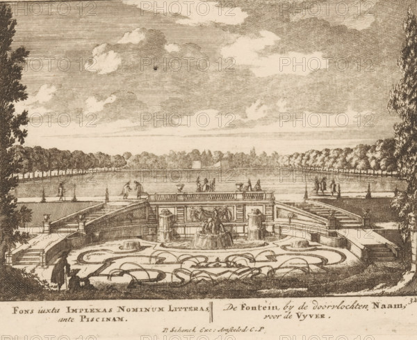 Fountain by the pond of Het Loo Palace, Fons iuxta Imlexas Nominum Litteras, ante Piscinam, The Fountain, by the interwoven Name, for the Pond, Admirandorum Quadruplex Spectaculum, Fourfold spectacle of wonders, print, Series number, 32, 71, printmaker: Jan van Call (I), Amsterdam, publisher: Pieter Schenk (I), grantor of privilege: States of Holland and West Friesland, c. 1700, paper, etching, height 129 mm x width 165 mm, Other state also used in: Call, 1700.* * The title page, dedication, and the portrait of Frederick of Saxony were engraved by Pieter Schenk (I). The other prints in this series are, as indicated on the title page, by Jan van Call (I)., garden, garden fountain, palace, Apeldoorn, Paleis Het Loo, An engraved landscape showing a formal garden and fountain in the foreground with ornate stone balustrades and sculptural reliefs, curved water channels and ornamental planting beds, tiered steps leading down to the fountain basin, sculpted figures and carved vases atop the b...