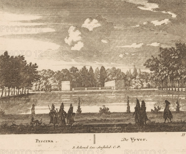 Pond of Het Loo Palace, Piscina, De Vyver, Admirandorum Quadruplex Spectaculum, Quadruple Spectacular of Wonders, print, Series number, 33, 71, printmaker: Jan van Call (I), Amsterdam, publisher: Pieter Schenk (I), grantor of privilege: States of Holland and West Friesland, c. 1700, paper, etching, height 130 mm x width 164 mm, Other state also used in: Call, 1700.* * The title page, dedication, and the portrait of Frederick of Saxony were engraved by Pieter Schenk (I). The other prints in this series are, as indicated on the title print, by Jan van Call (I)., palace, garden pond, Apeldoorn, Paleis Het Loo, A wide engraved scene shows a reflective body of water bordered by a paved promenade with figures walking and standing, some in groups and some accompanied by a dog; low architectural elements sit across the water in front of a dense line of trees, and taller trees frame the scene on both sides; the sky above contains large, textured clouds and a few birds.